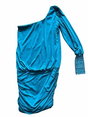 VENUS Teal One-Shoulder Ruched Dress with Beaded Cuff